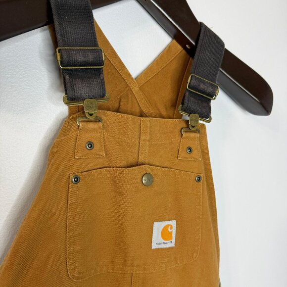 Carhartt Bib Overalls R01 M Duck Canvas Relaxed Fit Double Knee Brown Tan Kids - Picture 2 of 11